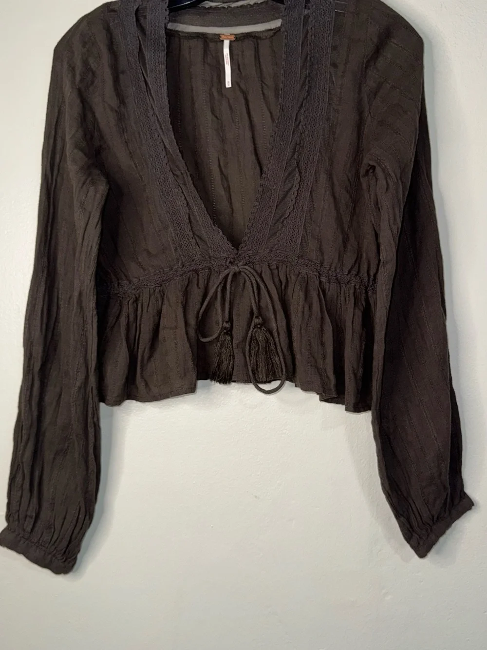 Free People Chocolate Brown V-Neck Peasant Blouse with Tassel Tie